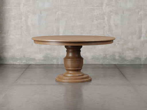 Augusta pedestal dining table front view in almond stain.