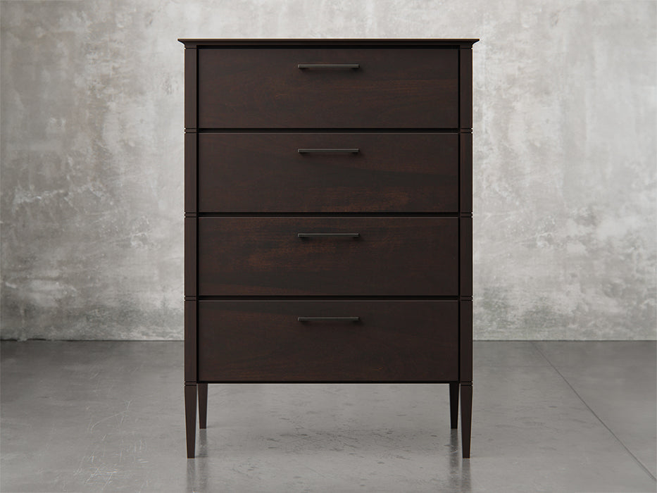 Nashville chest front view in brown maple, onyx finish.