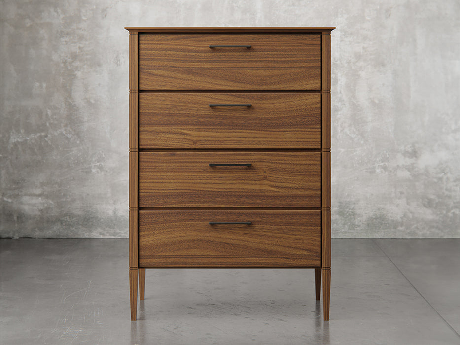 Nashville chest front view in natural walnut finish.