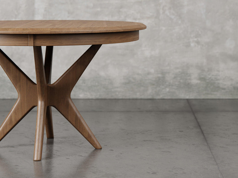 Stamford dining table alternate front view in almond stain.