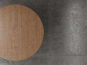 Augusta pedestal dining table top down view in almond stain.