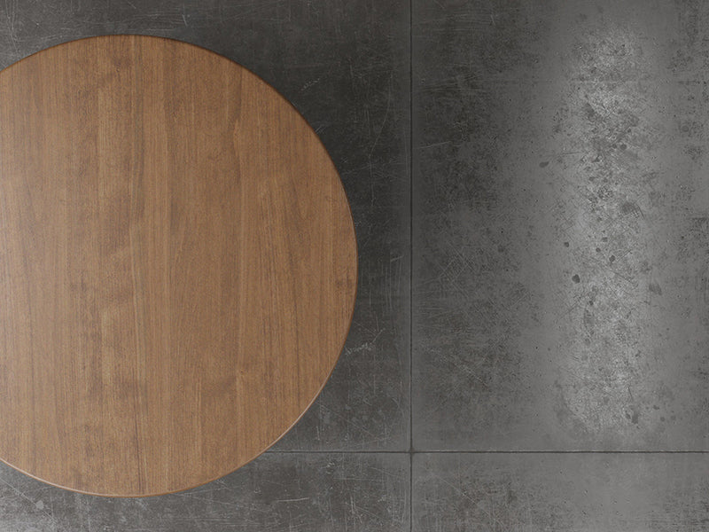 Augusta pedestal dining table top down view in almond stain.