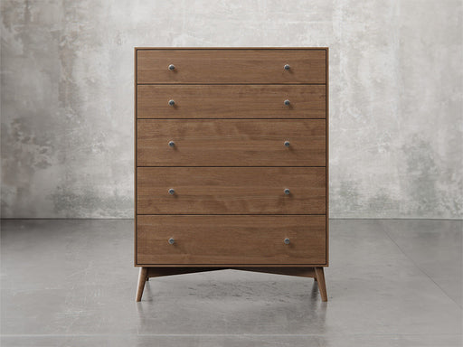 Bellevue chest front view in almond stain.