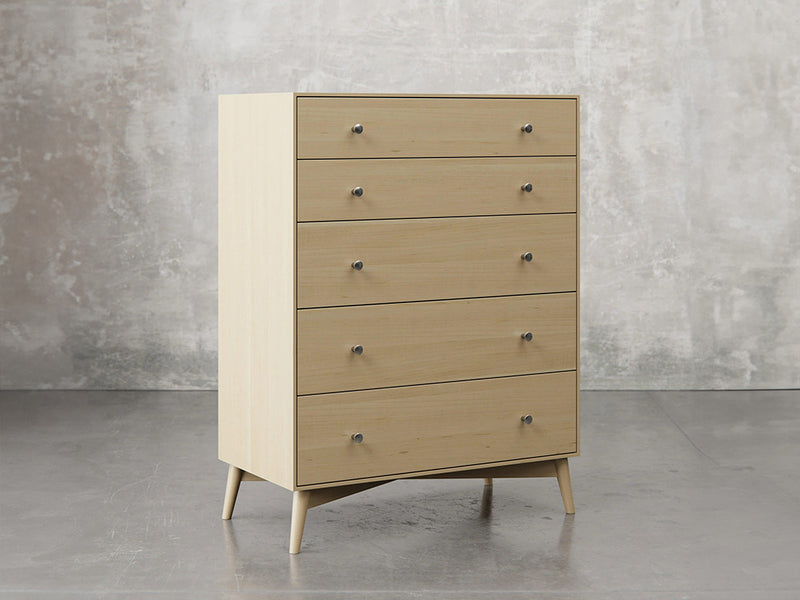 Bellevue chest 45 degree view in natural brown maple finish.