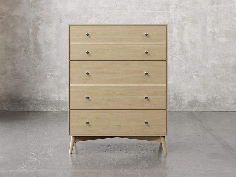 Bellevue chest front view in natural brown maple finish.