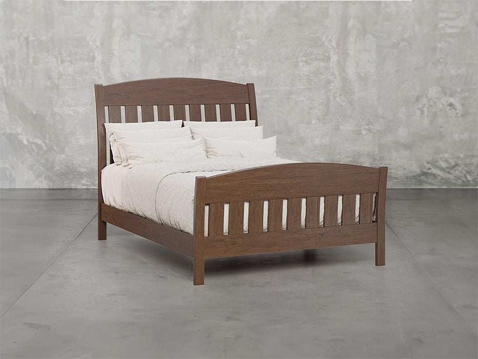 Lansing crown bed angle view in cappuccino stain.