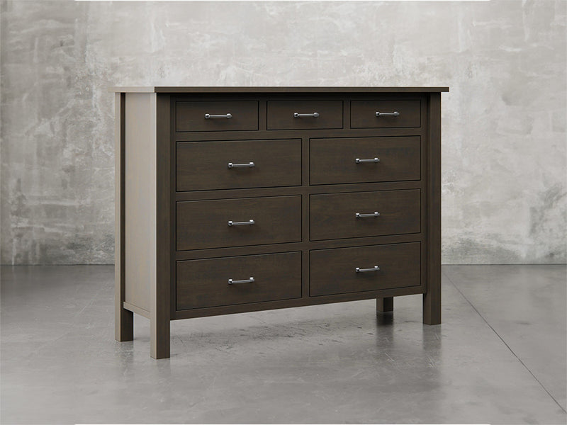 Lansing dresser angle view in antique slate stain.