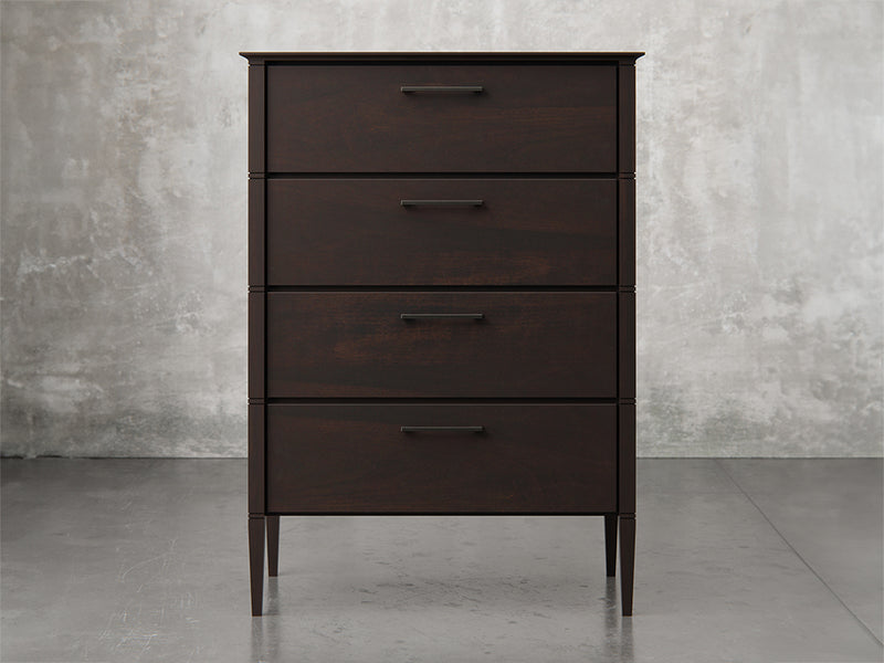 Nashville chest front view in brown maple, onyx finish.