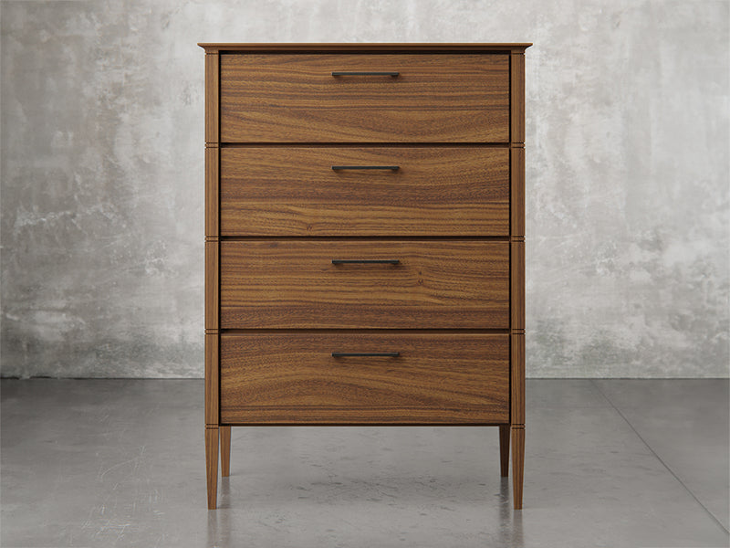 Nashville chest front view in natural walnut finish.