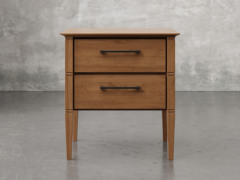 Nashville nighstand front view in brown maple, almond finish.