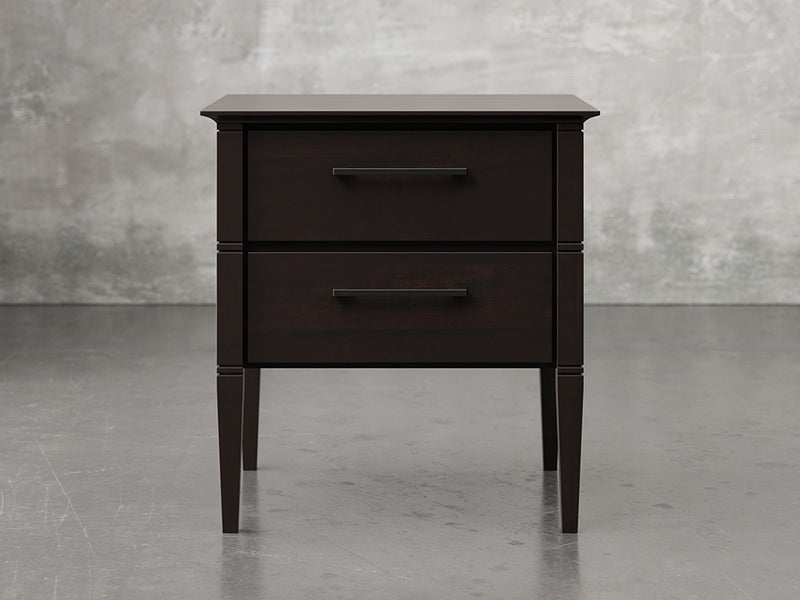 Nashville nighstand front view in brown maple, onyx finish.