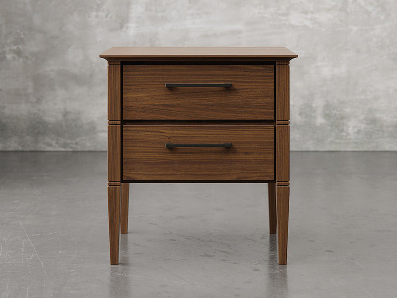 Nashville nighstand front view in natural walnut finish.