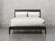 Nashville bed front view in brown maple, onyx finish.