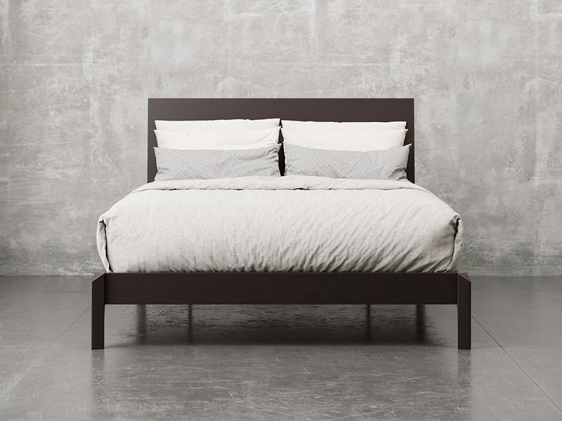 Nashville bed front view in brown maple, onyx finish.