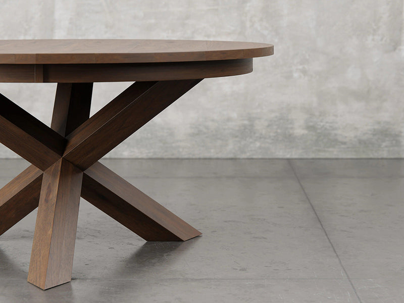 Pittsburgh round dining table base view in cappuccino stain.