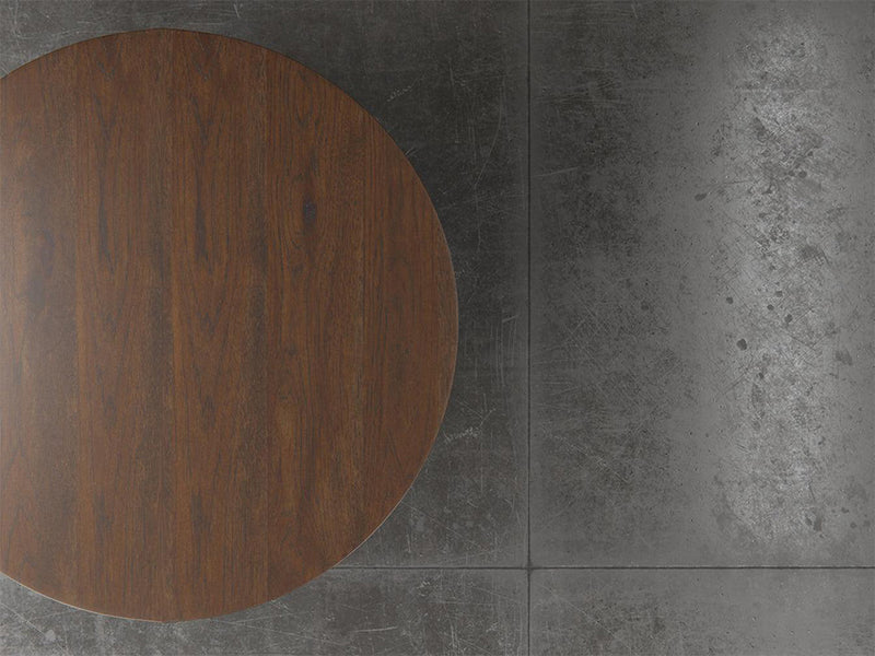 Pittsburgh round dining table top down view in cappuccino stain.