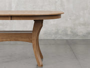 Providence dining table close up view in almond stain.