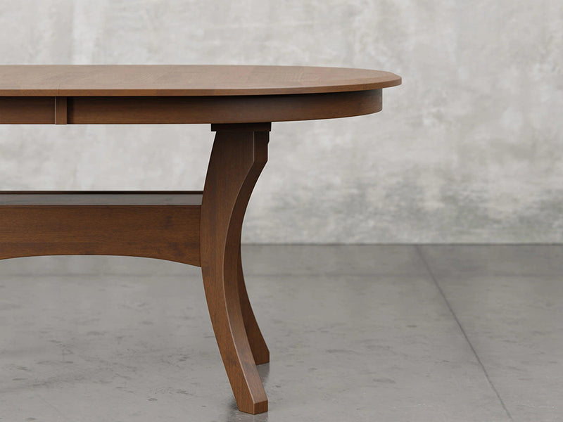 Providence dining table close up view in earthtone stain.