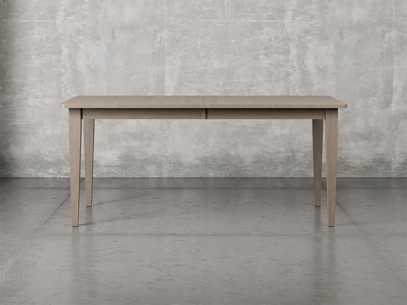 Raleigh shaker leg dining table front view in driftwood stain.