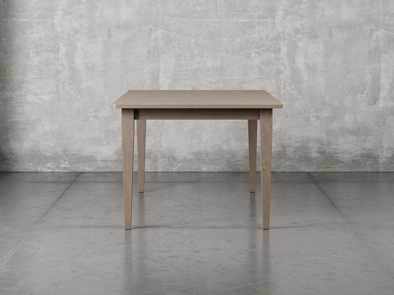 Raleigh shaker leg dining table side view in driftwood stain.