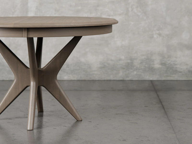 Stamford dining table alternate front view in driftwood stain.